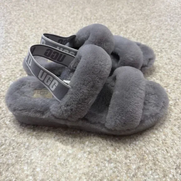 UGG Fuzzy Oh Yeah Fluff Gray Slippers Slides Logo 10 - Picture 2 of 8